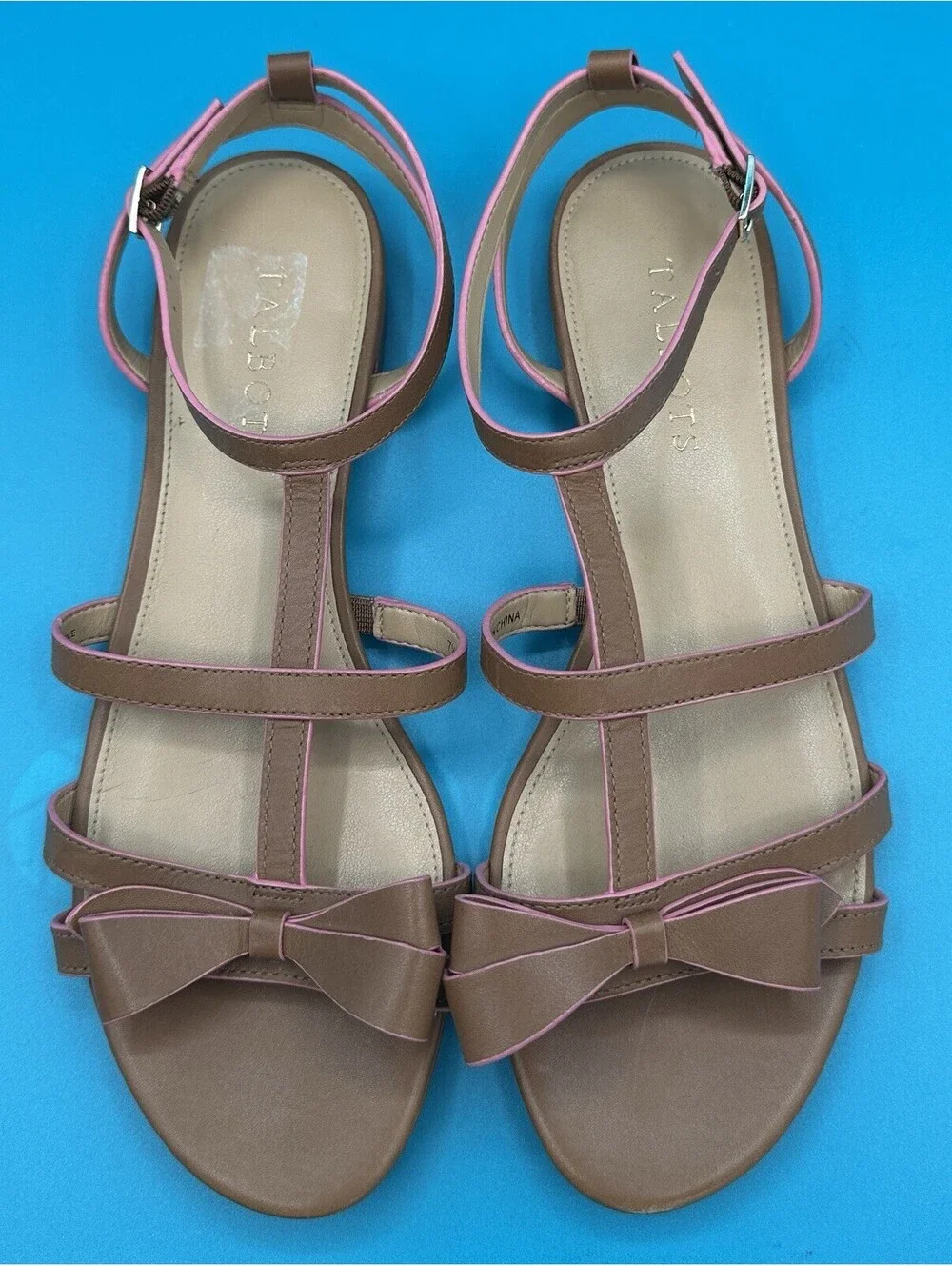 Talbots Keri Bow Vachetta Leather Ankle Strappy Summer Sandals Tan & Pink 7.5